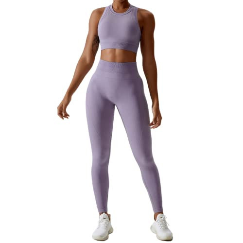 ABOCIW Workout Sets for Women, High Impact Racerback Sports Bra Crop Tops and Seamless Tummy Control High Waist Leggings 2 Piece Gym Yoga Outfits Purple X-Large | Amazon (US)