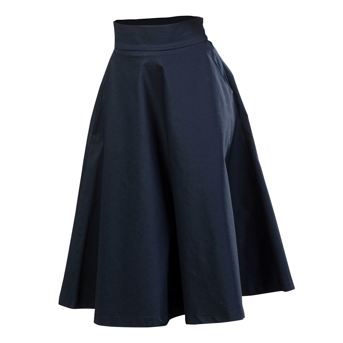 Cotton Midi Flared Skirt With High Waist And Pockets In Dark Blue | Wolf & Badger