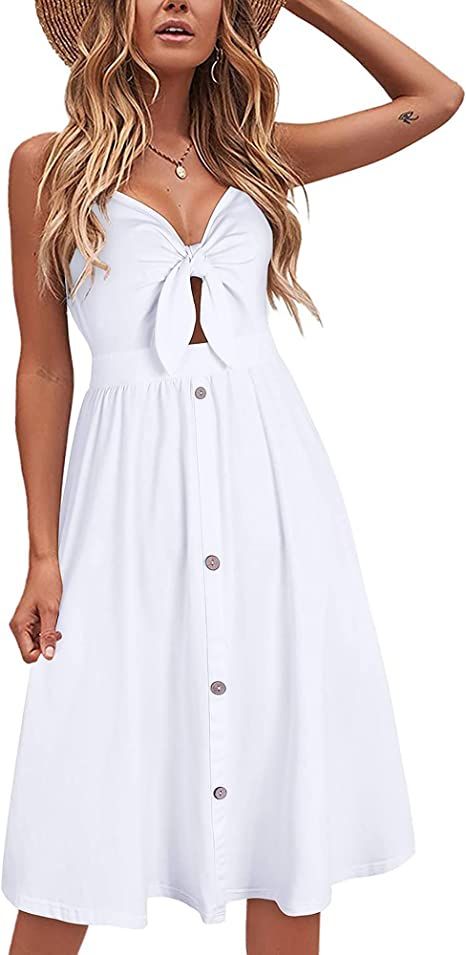 VOTEPRETTY Women's Floral White V Neck Tie Front Spaghetti Strap Dresses with Pockets | Amazon (US)