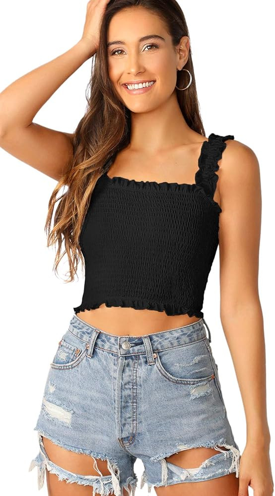 SheIn Women's Casual Frill Smocked Crop Cami Tank Shirred Strap Sleeveless Top | Amazon (US)