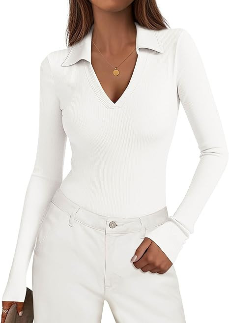 KIRUNDO Polo Shirts for Women Long Sleeve Business Casual Tops 2025 Fall Ribbed Knit Collared V N... | Amazon (US)
