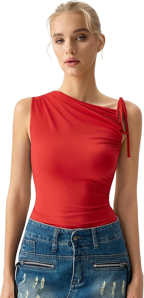 QINSEN Women's Sleeveless Tank Tops High Neck Double Lined Summer Crop Going Out Shirts | Amazon (US)