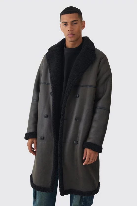 Longline Double Breasted Borg Overcoat In Dark Brown | boohooMAN (US & Canada)