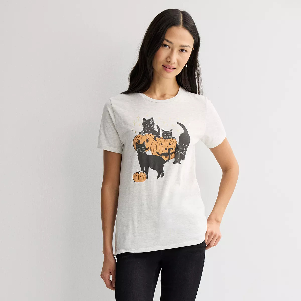 Women's Pumpkin Cats Graphic Tee, Size: Large, Oatmeal | Kohl's