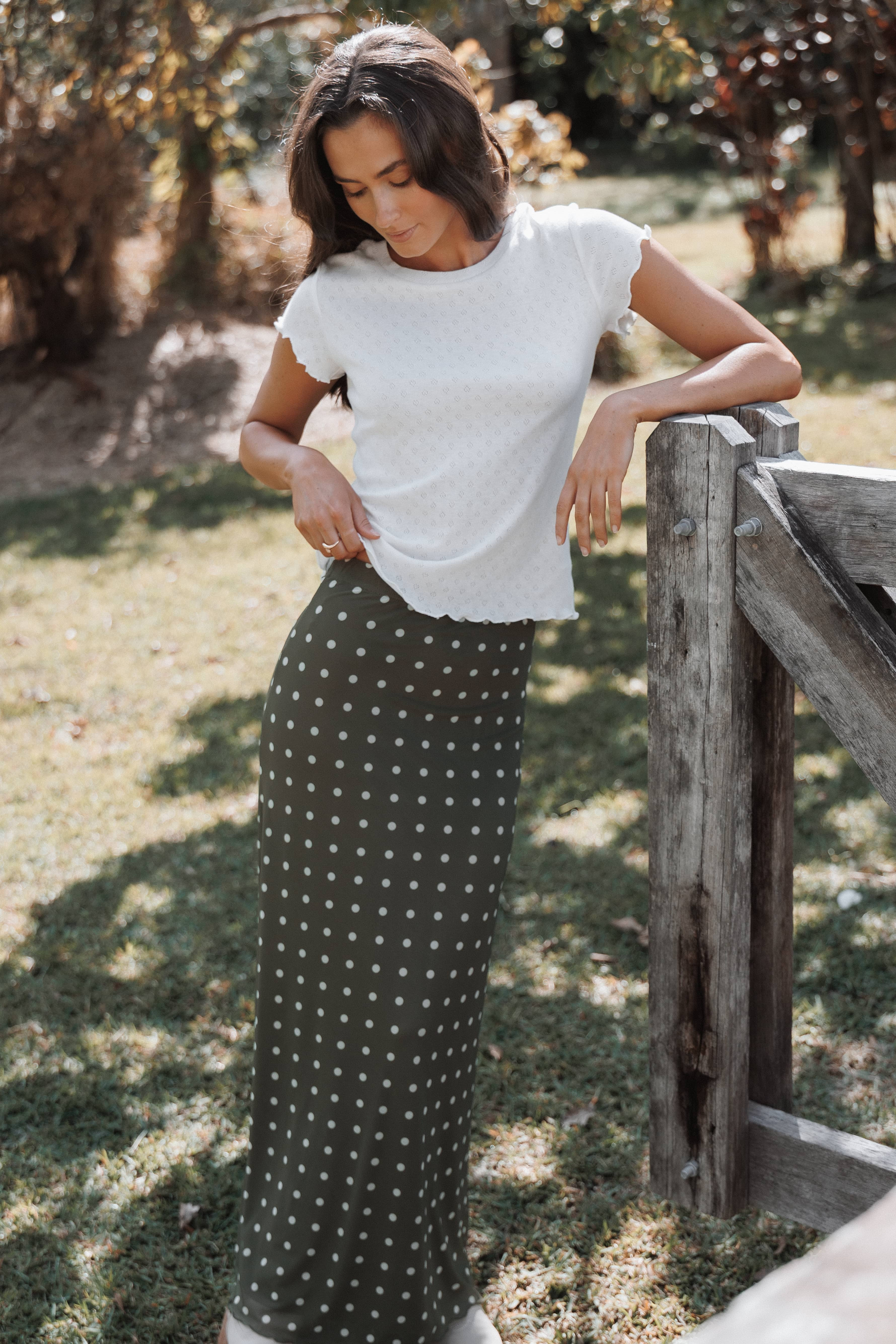Bloise Maxi Skirt - Olive Green Polka Dot | Petal & Pup (US)