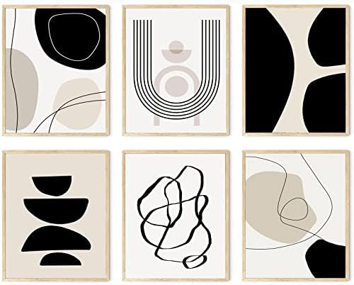 Abstract Boho Wall Art Prints Set of 6, Minimalist Geometric Boho Wall Art Black Brown Beige Line Ar | Amazon (US)