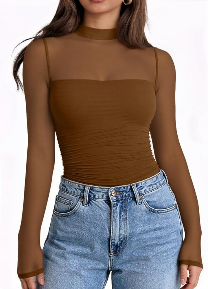 LILLUSORY Womens Long Sleeve Mesh Tops Mock Neck See Through Lace Shirts Sheer Going Out Sexy 202... | Amazon (US)