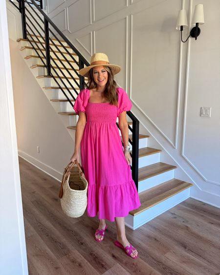 In a small square neck puff sleeve midi, slides, hat, tote and accessories for spring - all fits TTS.

#LTKfindsunder50 #LTKstyletip #LTKSeasonal