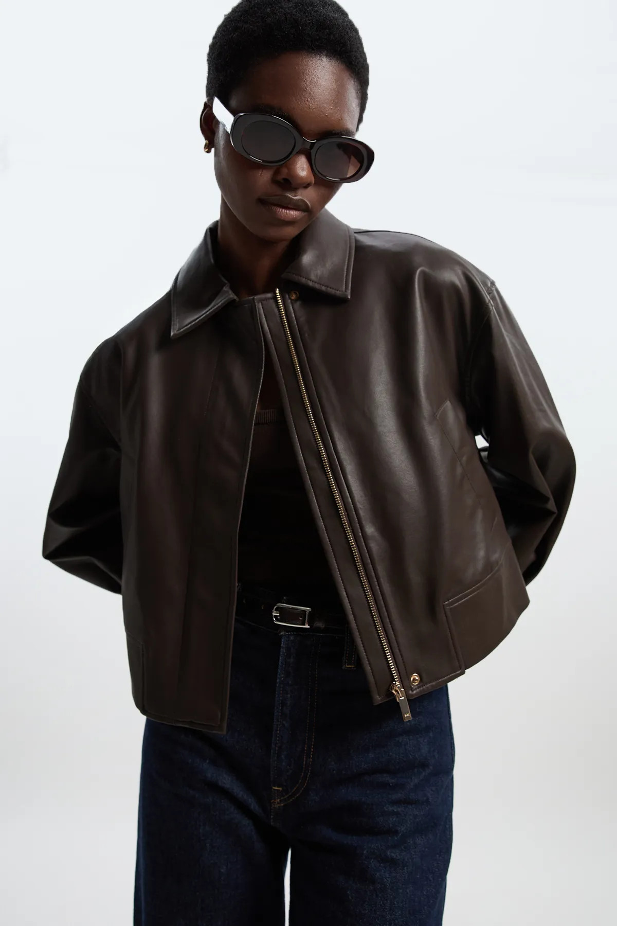 Chocolate Faux Leather Tailored Bomber Jacket | Karen Millen USA | Karen Millen US