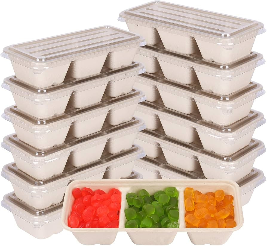 disposable paper bowls 18 oz 3 compartments with lids, Sugarcane Fiber For Snack, Dessert, Meal P... | Amazon (US)