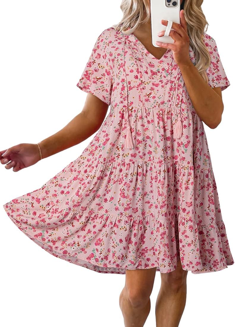 Dokotoo Womens Summer Casual Boho Floral Dresses V Neck Short Sleeve Flowy Swing A-Line Mini Dres... | Amazon (US)