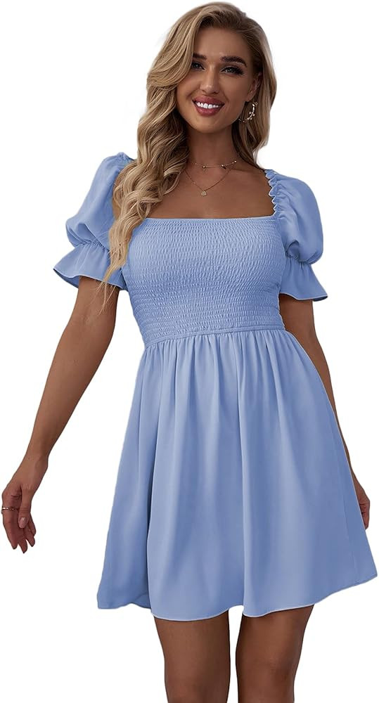 WDIRARA Women's Square Neck Flounce Short Sleeve Shirred Ruffle Hem Dress | Amazon (US)