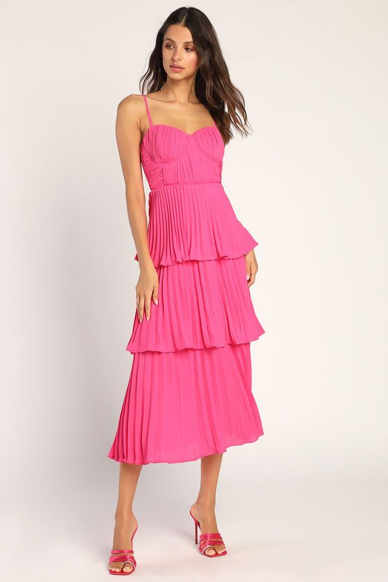 Cascading Crush Hot Pink Tiered Bustier Midi Dress Vacation Dress Spring Break Resort #LTKSeasonal | Lulus (US)
