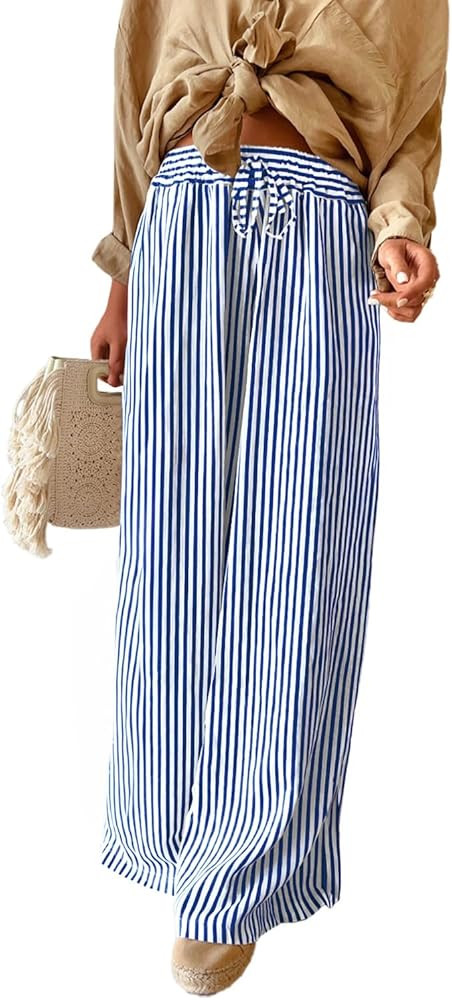 Acelitt Women Casual Drawstring Elastic Waist Striped Wide Leg Pants with Pockets, S-XXL | Amazon (US)