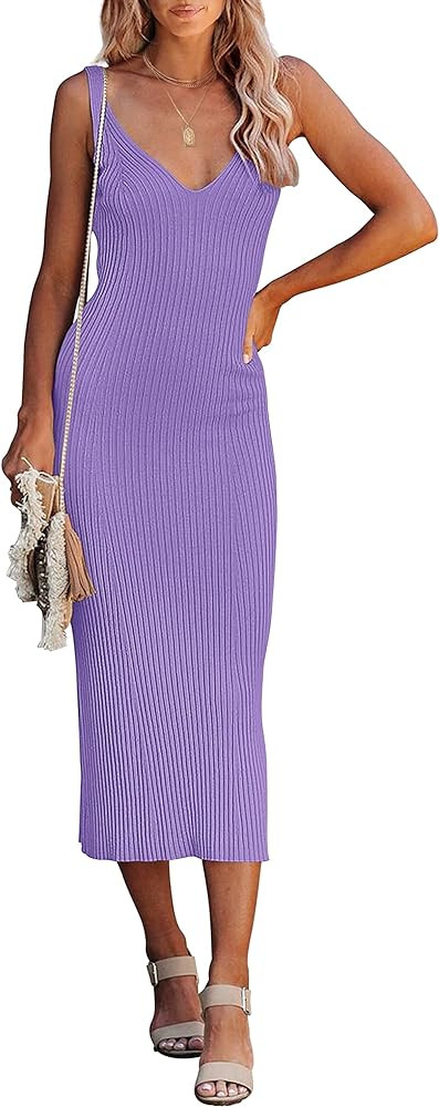 MEROKEETY Womens 2023 Summer V Neck Knit Midi Dress Bodycon Sleeveless Ribbed Sweater Dresses | Amazon (US)