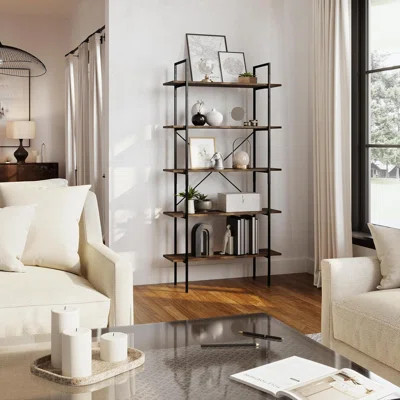 5-Tier Bookshelf Open Industrial Style Etagere Wooden Shelving Freestanding Bookcase For Home Or Office (Brown Woodgrain) | Wayfair North America