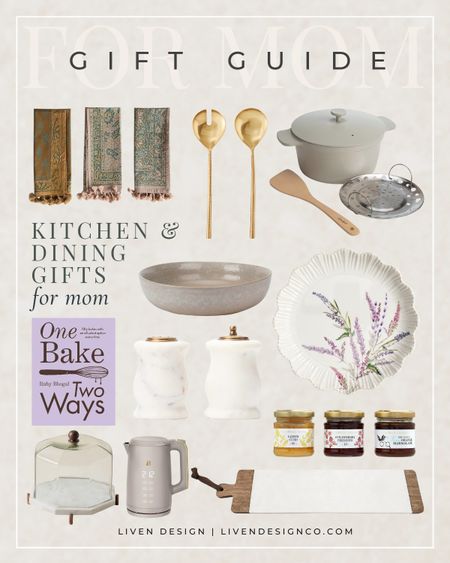 Mother's Day gift guide. Kitchen gifts. Dining gift. Gift for her. Mom gift. Gift ideas. Cookware. Bakeware. Entertaining gift. Kitchen towels. Kitchen decor. Serving bowl. Cookbook. Marble salt and pepper grinder shaker set. Jams. Gourmet. Botanical plate set. Dinnerware. Cake stand. Marble cheese board. Charcuterie board. Bread board. Brass serving spoons. Salad server spoon set. Electric tea kettle. 

#LTKGiftGuide #LTKfindsunder50 #LTKhome