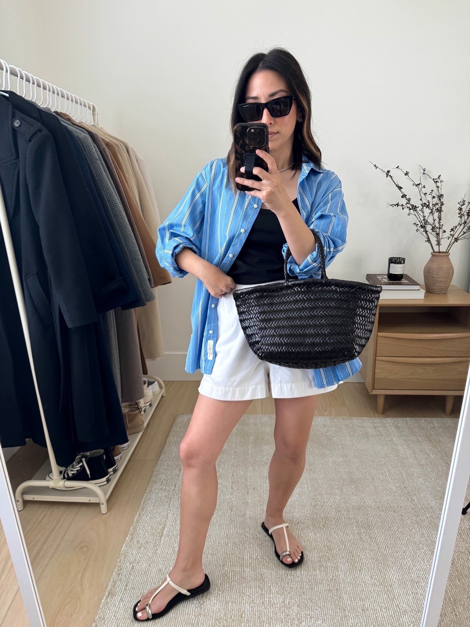 Hot weather outfit ideas. How to look elevated in the heat. I live in this and will just rotate the shirt and shorts. Button downs for indoors and if it's too hot I'll take it off and just wear the tank.

Gap x Doen shirt xs
Reformation tank small (old)
French Connection shorts xs (old)
Madewell sandals 5
Dragon Diffusion triple jump small
YSL Sunglasses 
Dorsey James necklace 15"
J.Crew earrings

Summer outfits, summer style, petite style, sandals 

#LTKShoeCrush #LTKItBag #LTKPetite