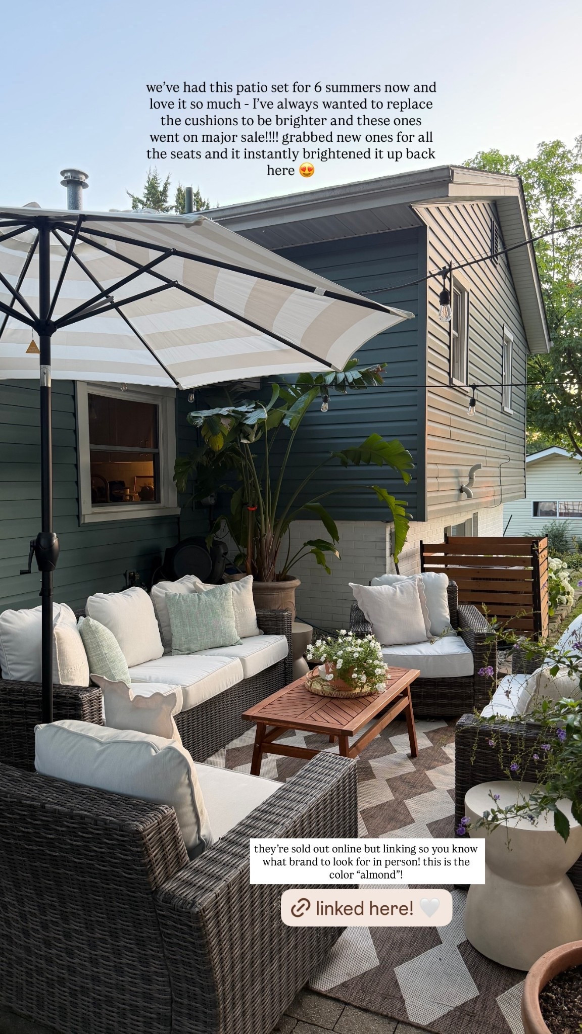 we’ve had this patio set for 6 summers now and love it so much - I’ve always wanted to replace the cushions to be brighter and these ones went on major sale!!!! grabbed new ones for all the seats and it instantly brightened it up back here 😍 they’re sold out online but linking so you know what brand to look for in person! this is the color “almond”! @homedepot
