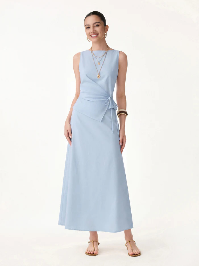 2Pcs Set Boatneck Waist-Defined Top & Maxi Flared Pull-On Skirt | OGLmove