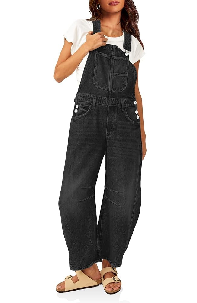 PLNOTME Womens Denim Bib Overalls Barrel Leg Adjustable Strap Jean Pants Jumpsuits with Pockets | Amazon (US)