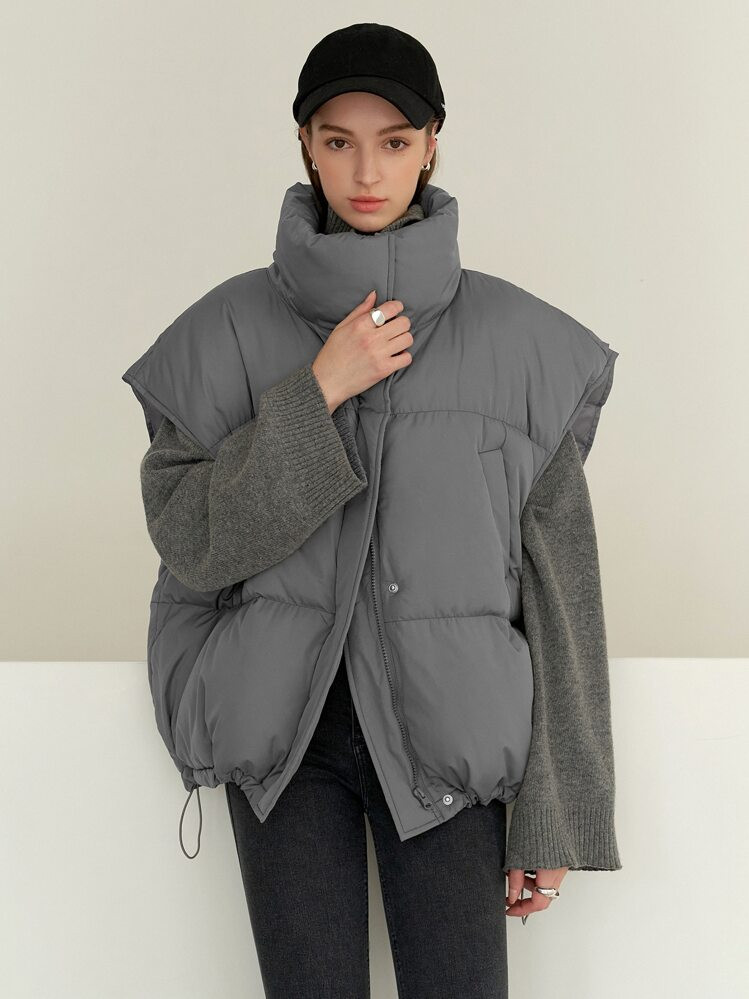 DAZY Drawstring Hem Sleeveless Zip Front Padded Pockets Coat, Women Winter Coat Jacket | SHEIN