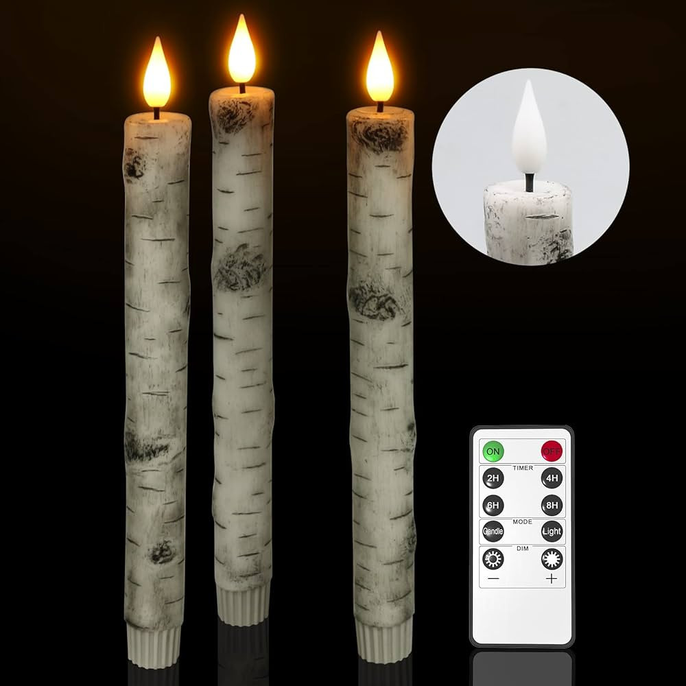 PChero Flameless Taper Candles with Remote Timer, Pack of 3 Birch Bark Real Wax Battery Operated ... | Amazon (US)