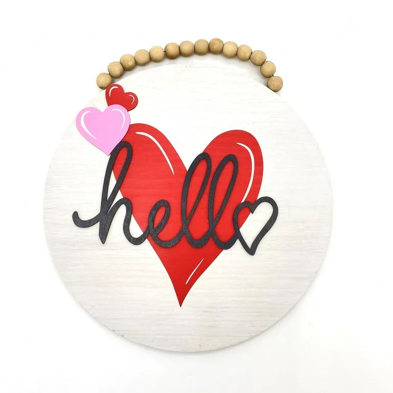 Way to Celebrate Valentines Wooden Round Hello Wall Hanging W/ Beads Decoration, 14" | Walmart (US)