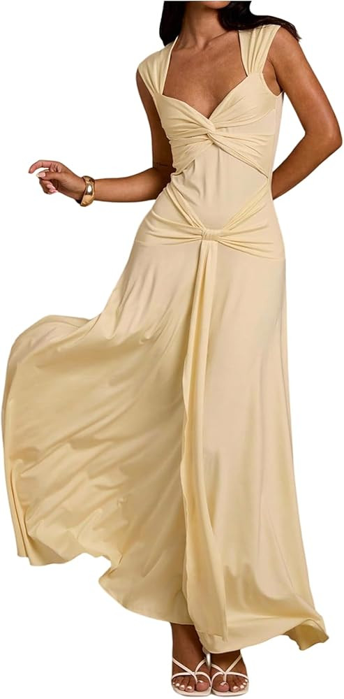 Milumia Women's Twist Front Ruched Maxi Dress Elegant V Neck Sleeveless Wedding Guest Dresses | Amazon (US)