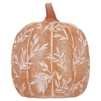 Etched Leaf Resin Pumpkin Decor - 6.3" Orange & White Botanical Pattern Fall Harvest Tabletop Cen... | Walmart (US)