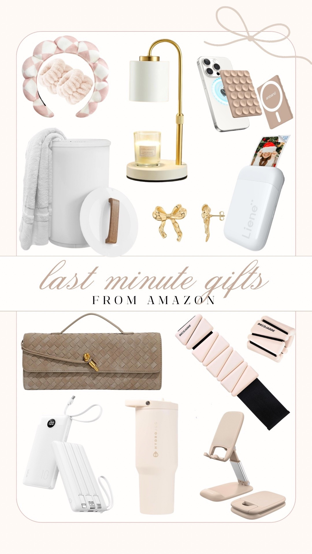 Last minute gift ideas from Amazon! 🤍

Towel warmer, skincare headband, candle warmer lamp, bow earrings, mini photo printer, MagSafe octo buddy, wrist weights, charger, portable phone stand, hydrojug, woven handbag, purse, Christmas gift, fancythingsblog 

#LTKFindsUnder100 #LTKHoliday #LTKGiftGuide