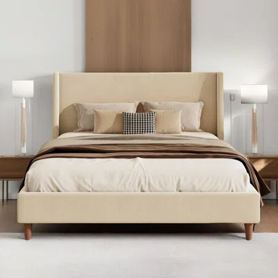 Cream Velvet Bed - Modern Upholstered Platform Bed with Wingback Headboard & Walnut Legs, No Box Spring Needed | Wayfair North America