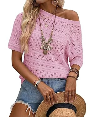 Arach&Cloz Womens Linen Blend Short Sleeve Sweater Crochet Tops Boho Casual Shirts Beach Resort W... | Amazon (US)