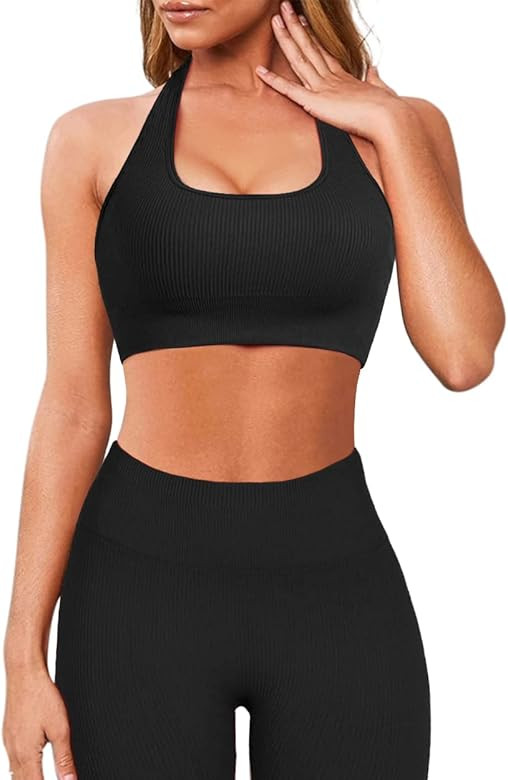 OMKAGI Workout Set for Women 2 Piece Seamless One Shoulder Sports Bra Scrunch Butt Lifting leggin... | Amazon (US)