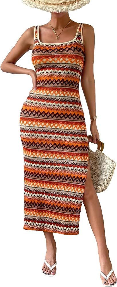 COZYEASE Women's Summer Dress Geometric Boho Split Side Square Neck Tank Dress Casual Long Beach ... | Amazon (US)