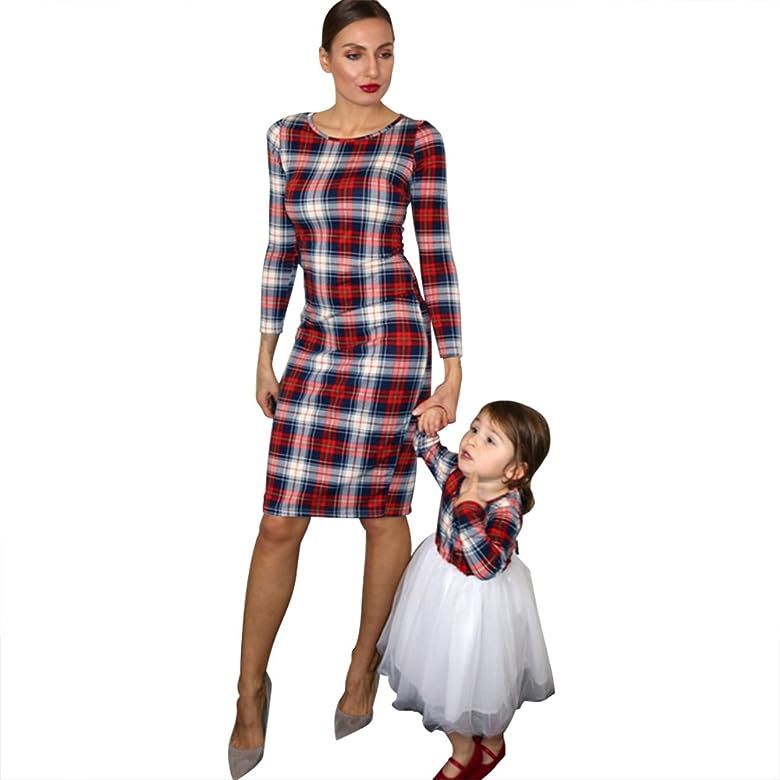 Mommy and Me Outfits Stretchy Plaid Christmas Dresses Long Sleeve Family Matching Outfits | Amazon (US)
