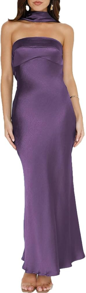 Women's Summer Satin Strapless Tube Top Maxi Dress Elegant Silk Backless Halter Neck Formal Party... | Amazon (US)