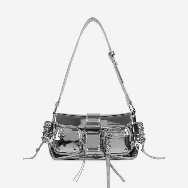 Lake Multi Pocket Zip Detail Shoulder Bag In Silver Patent | Ego Shoes (UK)