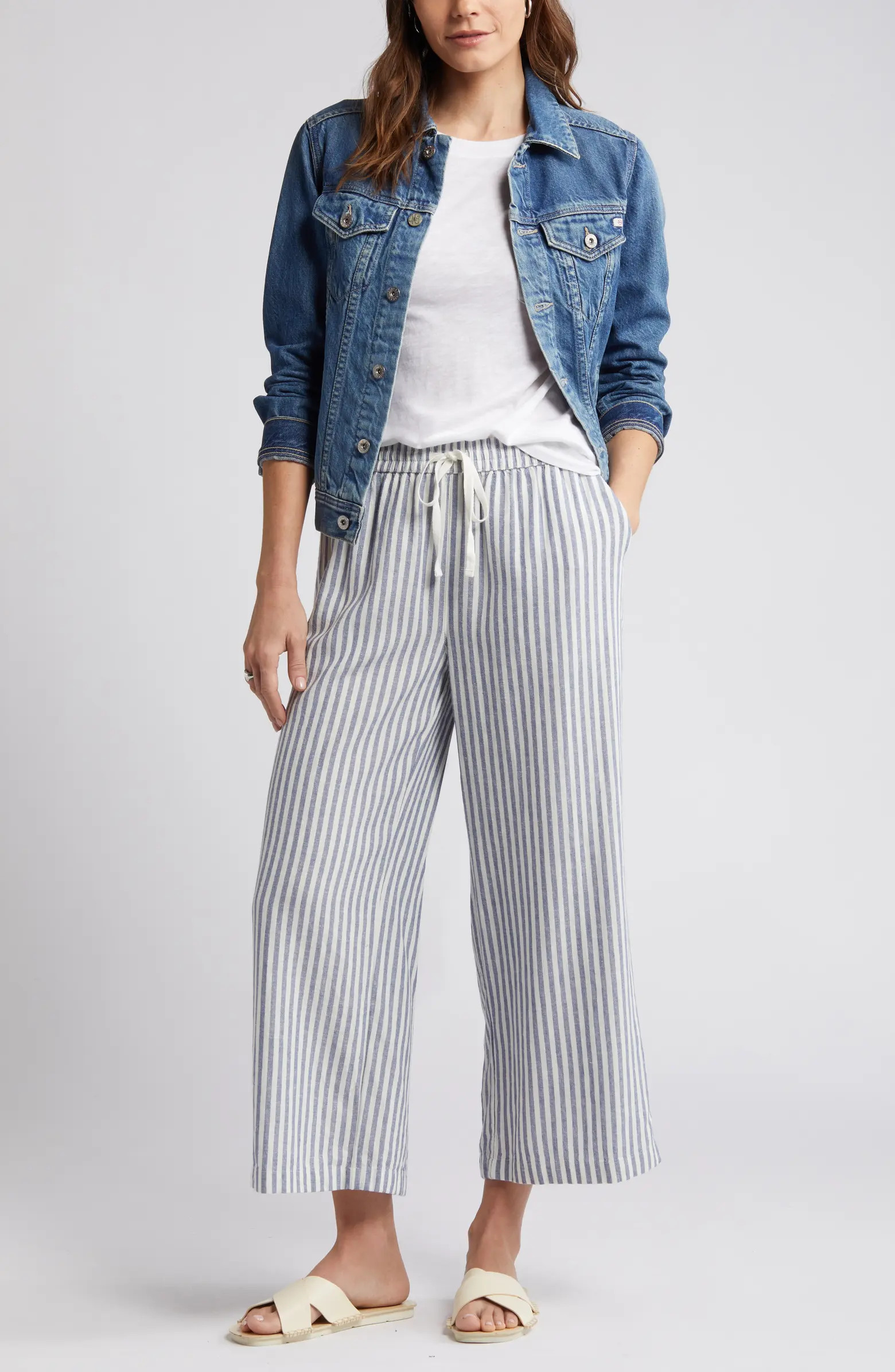 Stripe Drawstring Wide Leg Linen Blend Pants | Nordstrom
