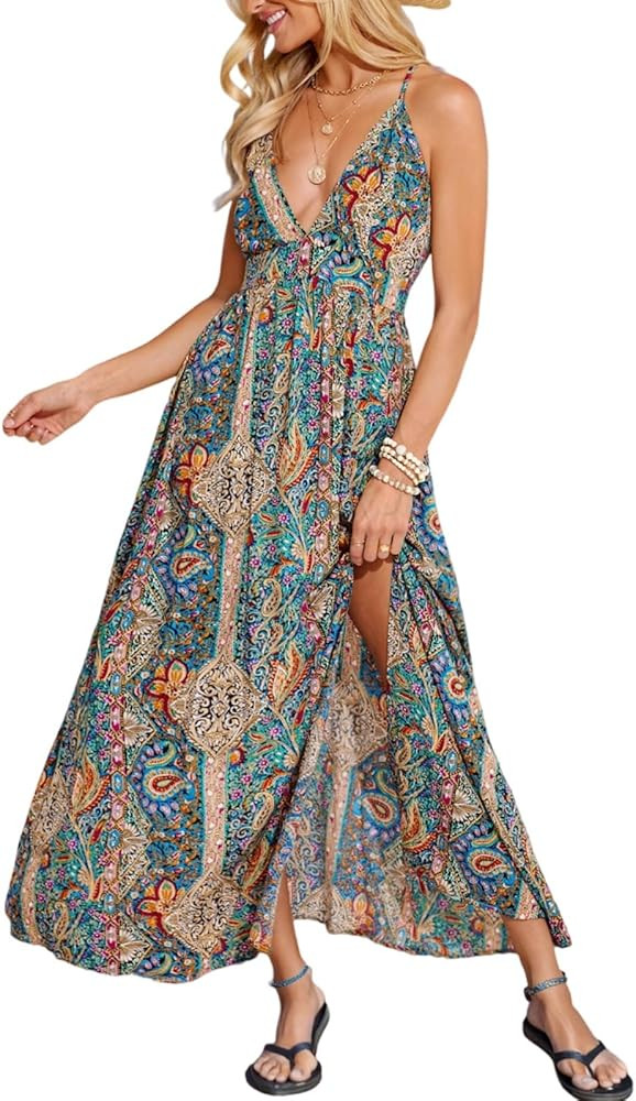 CUPSHE Womens Summer Maxi Dress 2026 Sleeveless Long Sundresses Spaghetti Strap Flowy Boho Beach ... | Amazon (US)