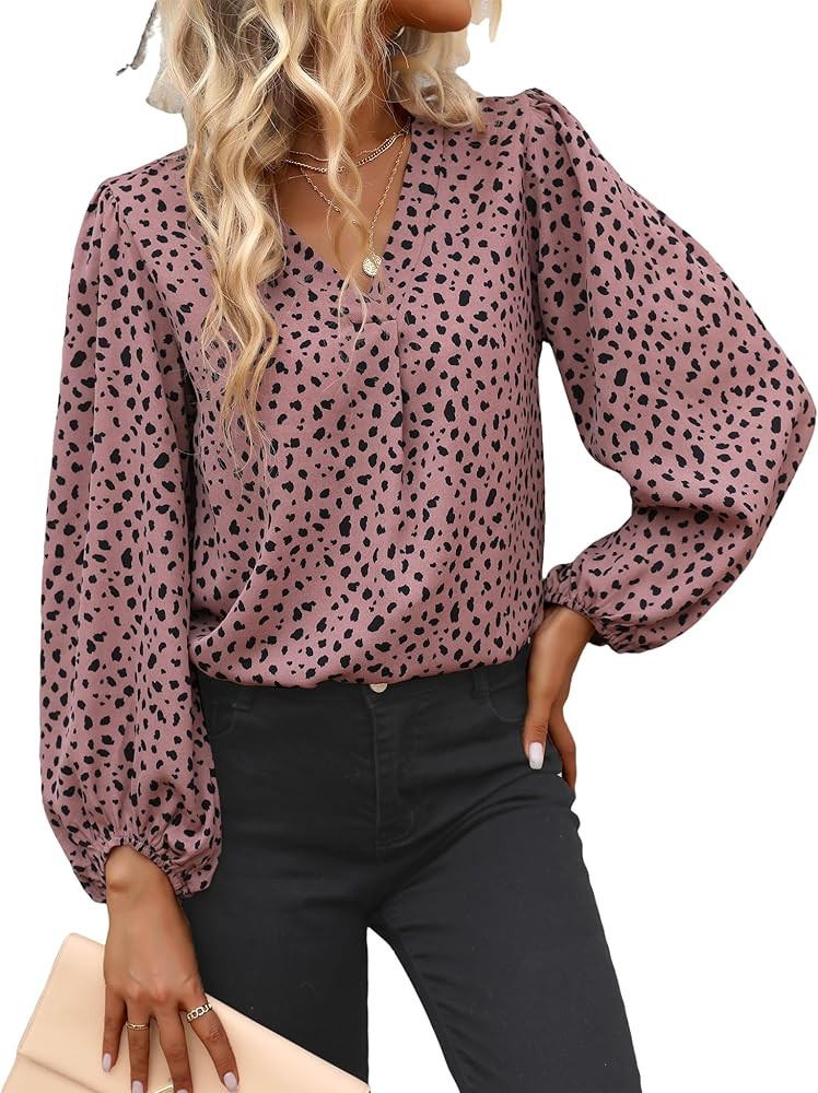 Long Sleeve Blouses for Women, Leopard Print Chiffon Tops V Neck Loose Business Shirts Casual Wor... | Amazon (US)