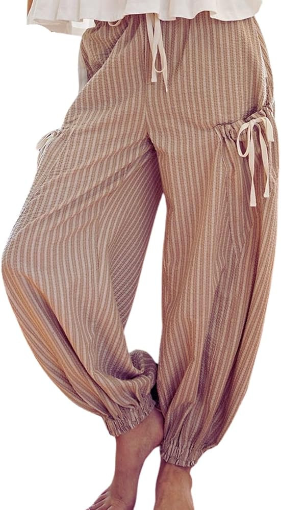Women Drawstring Striped Pants Loose Wide Leg Casual Lounge Pants with Pockets | Amazon (US)