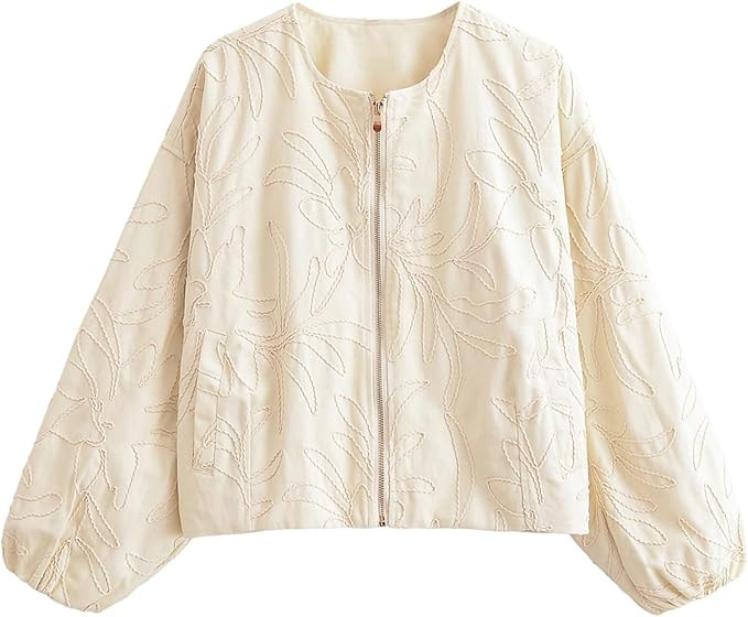 KEOMUD Women's Embroidered Bomber Jacket Casual Zip Up Cropped Jacket Floral Pattern Outwear for ... | Amazon (US)