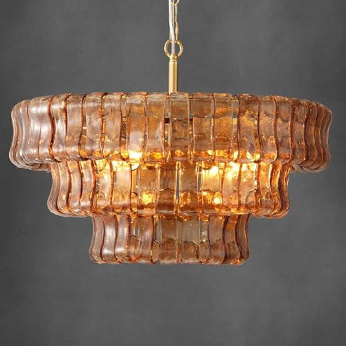 ROIOVA Modern 4-Light Gold Chandelier with Amber Glass, 23-Inch Round Drum Pendant Light for Kitchen Island, Dining Room, Living Room, Foyer | Amazon (US)