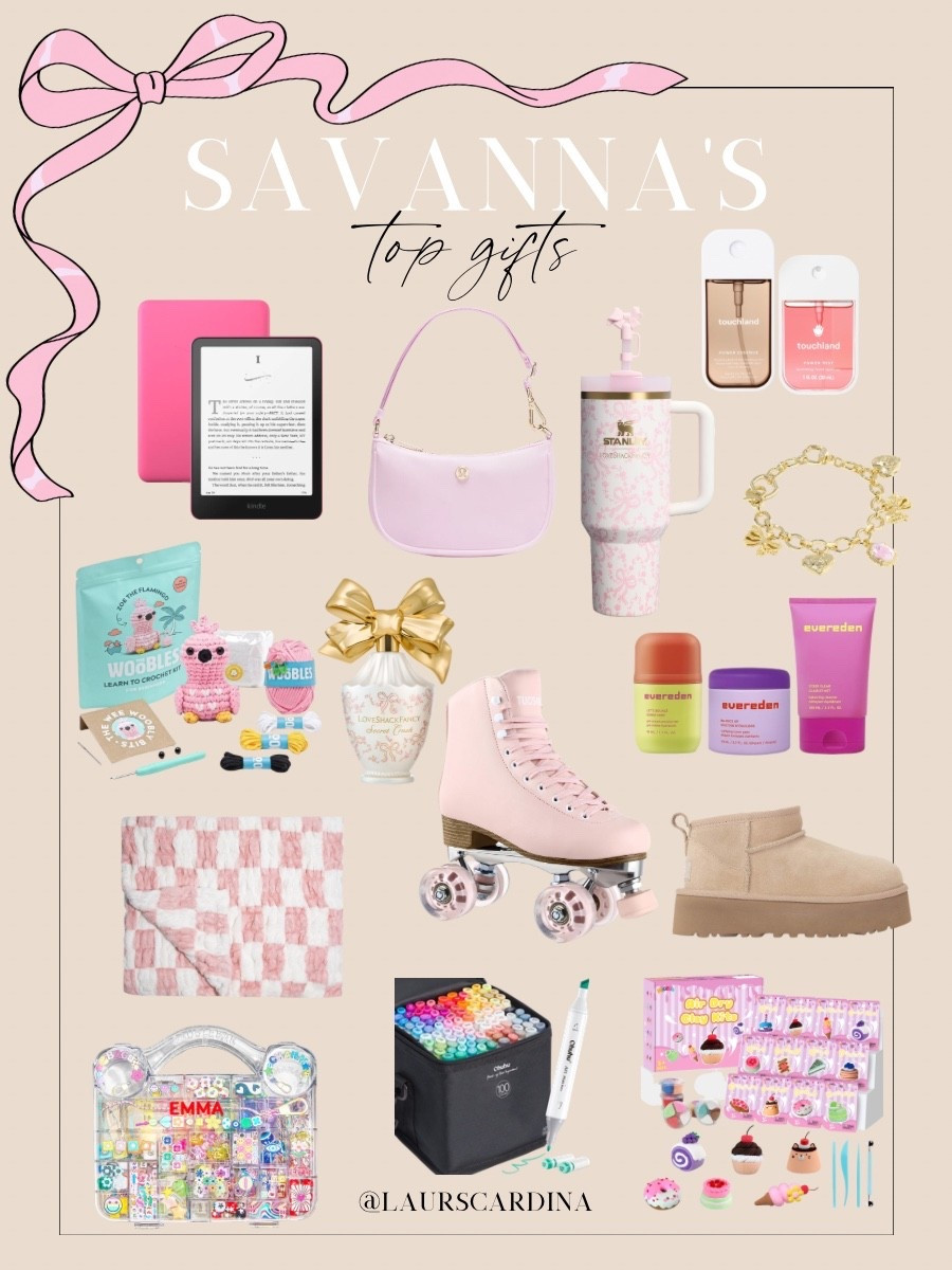 Savvana’s top gift picks include a Kindle, Lululemon shoulder bag, Stanley Cup, Touchland body and hand mist, a Kendra Scott charm bracelet, a crochet kit, Love Shack Fancy perfume, Evereden skin care, a Lola blanket, roller skates, Ugg boots, a jewelry making kit, set of markers, and a clay kit.

Gifts for teens, gifts for girls, gifts under 50, gifts under 100

#LTKGiftGuide #LTKKids #LTKHoliday