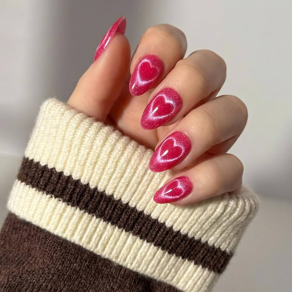 Glamnetic Press On Nails - Text Me Back | Short Almond Fake Nails in Hot Pink with Cat-Eye Magnet... | Amazon (US)