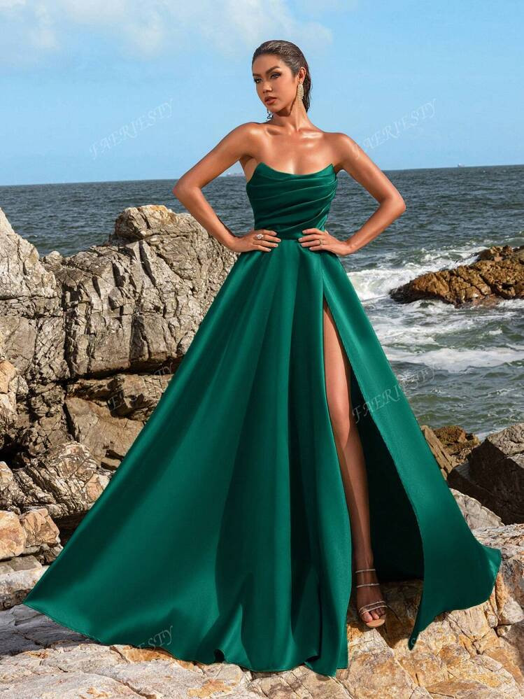 Faeriesty Elegant Strapless Ruched Bust Lace-Up Back Satin Prom Dress, Formal Evening Gown, For W... | SHEIN
