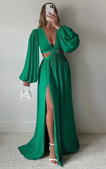 Paige Maxi Dress - Side Cut Out Balloon Sleeve Dress in Green | Showpo (ANZ)
