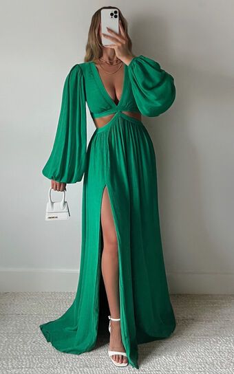 Paige Maxi Dress - Side Cut Out Balloon Sleeve Dress in Green | Showpo (ANZ)