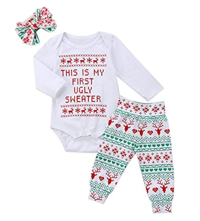 Baby Girls Boys Christmas Clothes Long Sleeve Romper + Pants + Headband 3pcs Outfit Set | Amazon (US)